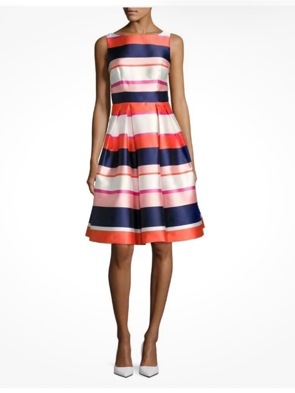 Eliza J Sleeveless Striped Satin Fit & Flare Dress in Navy, Coral, Pink & White - Picture 1 of 6
